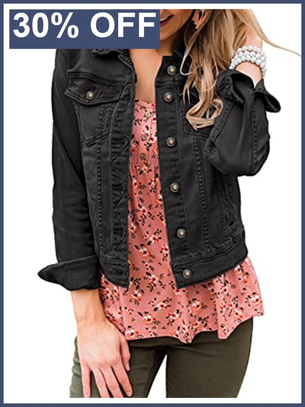 Fitted Button Up Denim Jacket Classic Trucker Collared Long Sleeve